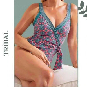Tribal Spring/Summer 2024-1622O-3562-Wrap Front Swimsuit-Coral Blush Pink Turq